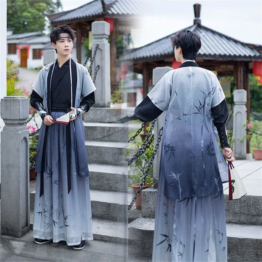

Hanfu Men Carnival Cosplay Costume Embroidered Hanfu Gradient Blue Sets Outfit For Men Women Plus Size 4XL