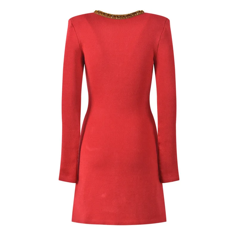 CHUJIE Sukienka damska Moda elegancki temperament czerwone złoto wykończone róża slim fit dekolt w serek sukienka z długim rękawem 2025 wiosna/lato nowość