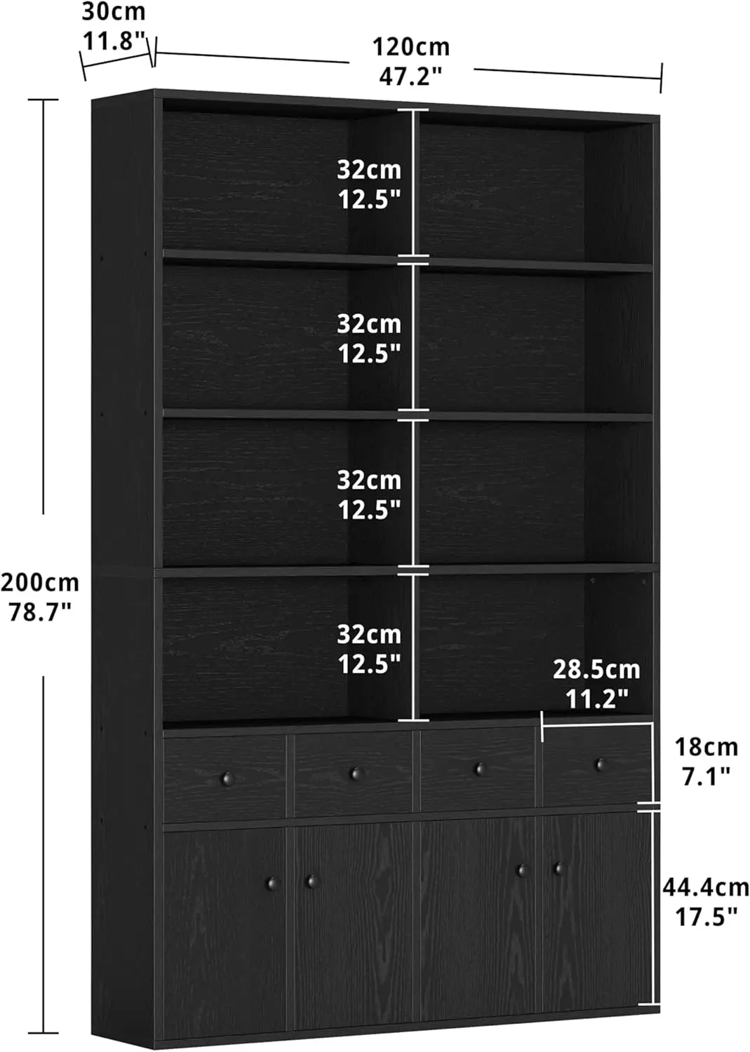 4 Drawers and 4 Doors, 6 Tier Large Bookshelf with Storage, Floor Standing Display Storage Shelves, Tall Storage Cabinet