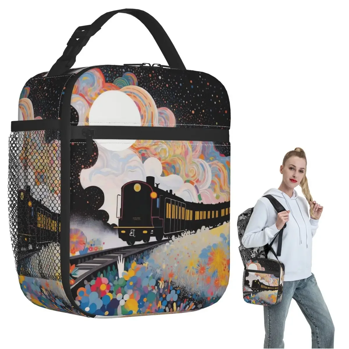 Dreamy Cartoon Space Train Adventure Print Insulated Lunch Bag for Women Kids Leakproof Food Boxes Thermal Lunch Box Tote