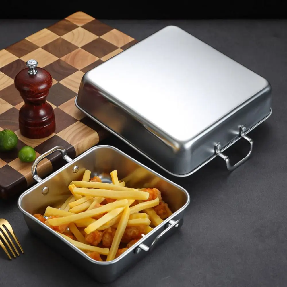 صواني تقديم الطعام المربعة المصنوعة من الفولاذ المقاوم للصدأ بمقبض بكلتا الأذنين أطباق للوجبات الخفيفة بجزء مسطح كوري ذهبي/فضي طبق شواء دجاج مقلي #3