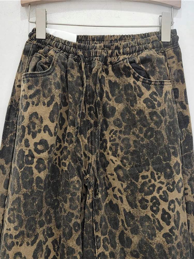 DAET-Jean droit à motif léopard pour femme, pantalon en denim, taille haute élastique, jambe large, nouvelle mode automne 2024, 33A1824