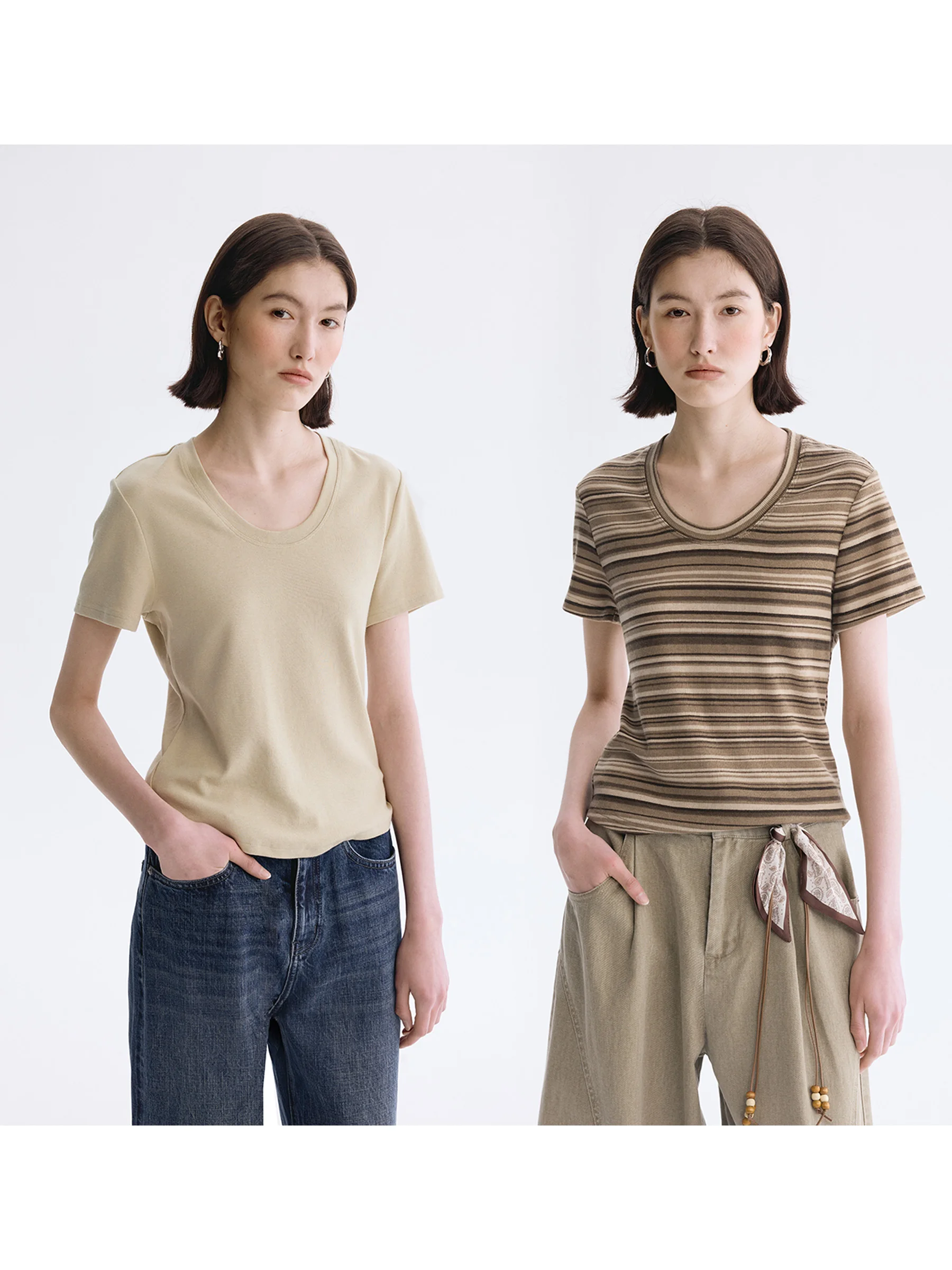 

DotDrobe Women's Elastic Short Sleeve T-shirt Striped Low Collar Casual Fit Spring Summer New Style Polyester Modal Cotton Blend