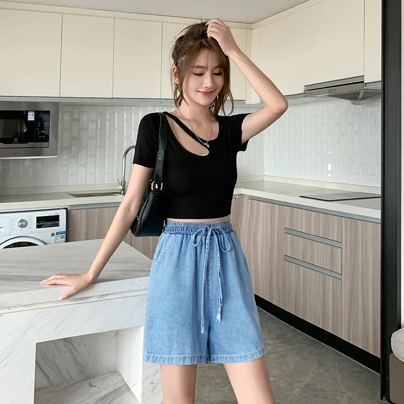 Academy Fengtian Silk Capris Women's Summer Thin Elastic Loose Wide Leg Denim Shorts