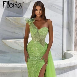 Dubai One Shoulder 3D Flower Party Dress Green 2023 Luxury Evening Dress With Side Train Custom Women Celebrity Occasion Dress