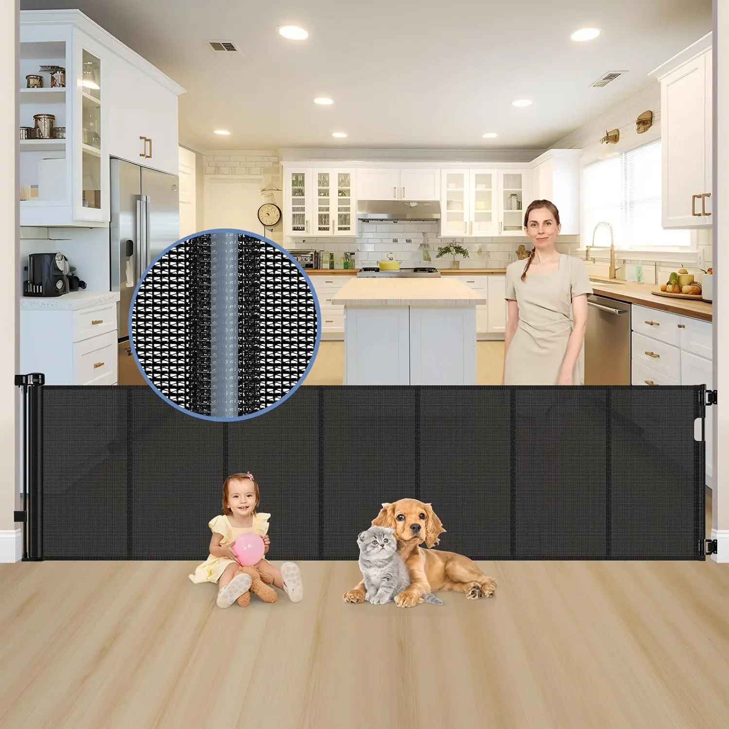 

Extra Long Retractable Dog Gate, 120 Inch Wide, 33 Inch Tall with Reinforced Strips for Indoor Doorways - Black