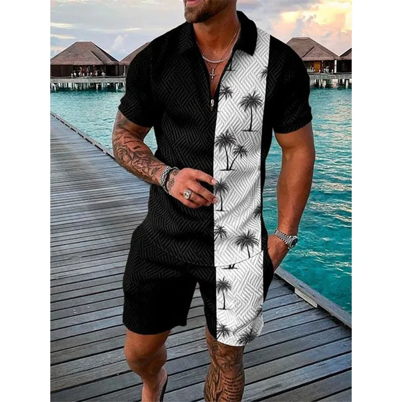 Hawaii Men Tracksuit 3D Print Beach Polo Shirts Shorts Sets 2 Pieces Man\'s Oversized Short Shirt Pants Set Suits Men Clothing