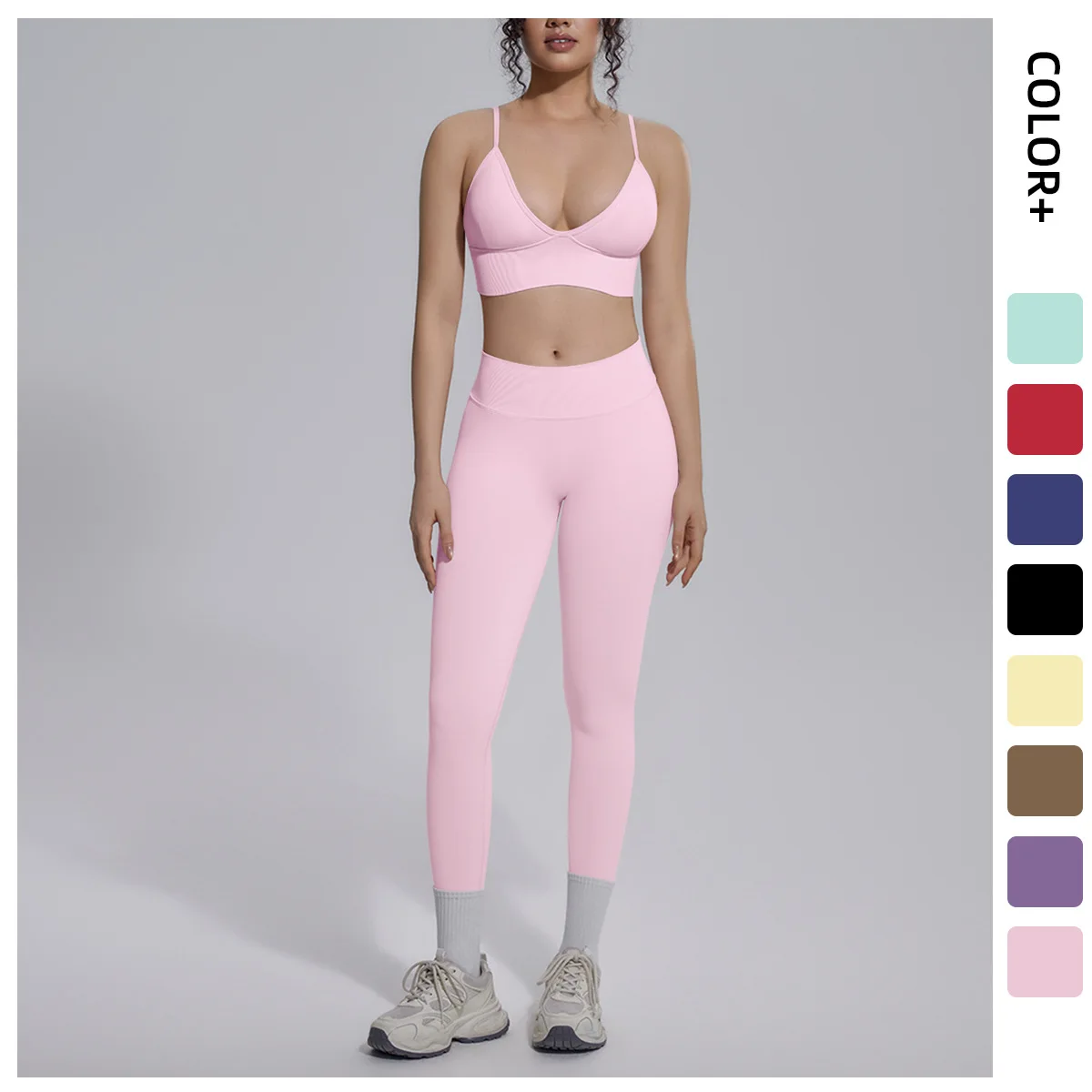 

2PCS Yoga Set for Woman Summer Breathable Solid Color Sports Fitness Clothing Workout Top Seamless Fitness Pants Gym Yoga Set