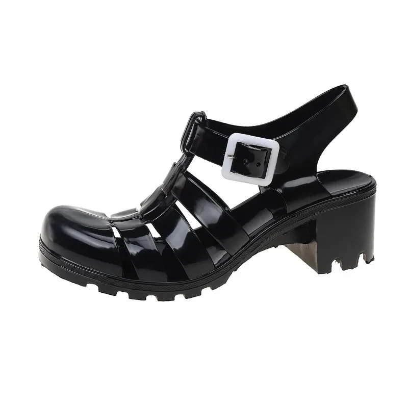 Sandal Jeli PVC Wanita Baru Musim Panas 2025 Sandal Gladiator Hak Tinggi Wanita Pompa Berongga Baru Sepatu Wanita Pantai Fashion Kasual