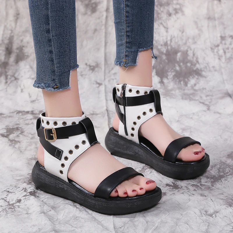 Women Summer Sandals Mid Heels Wedges Shoes Ladies Vintage Leather Plus Size 42 Sandalias Mujer Sapato Feminino Fashion Footwear