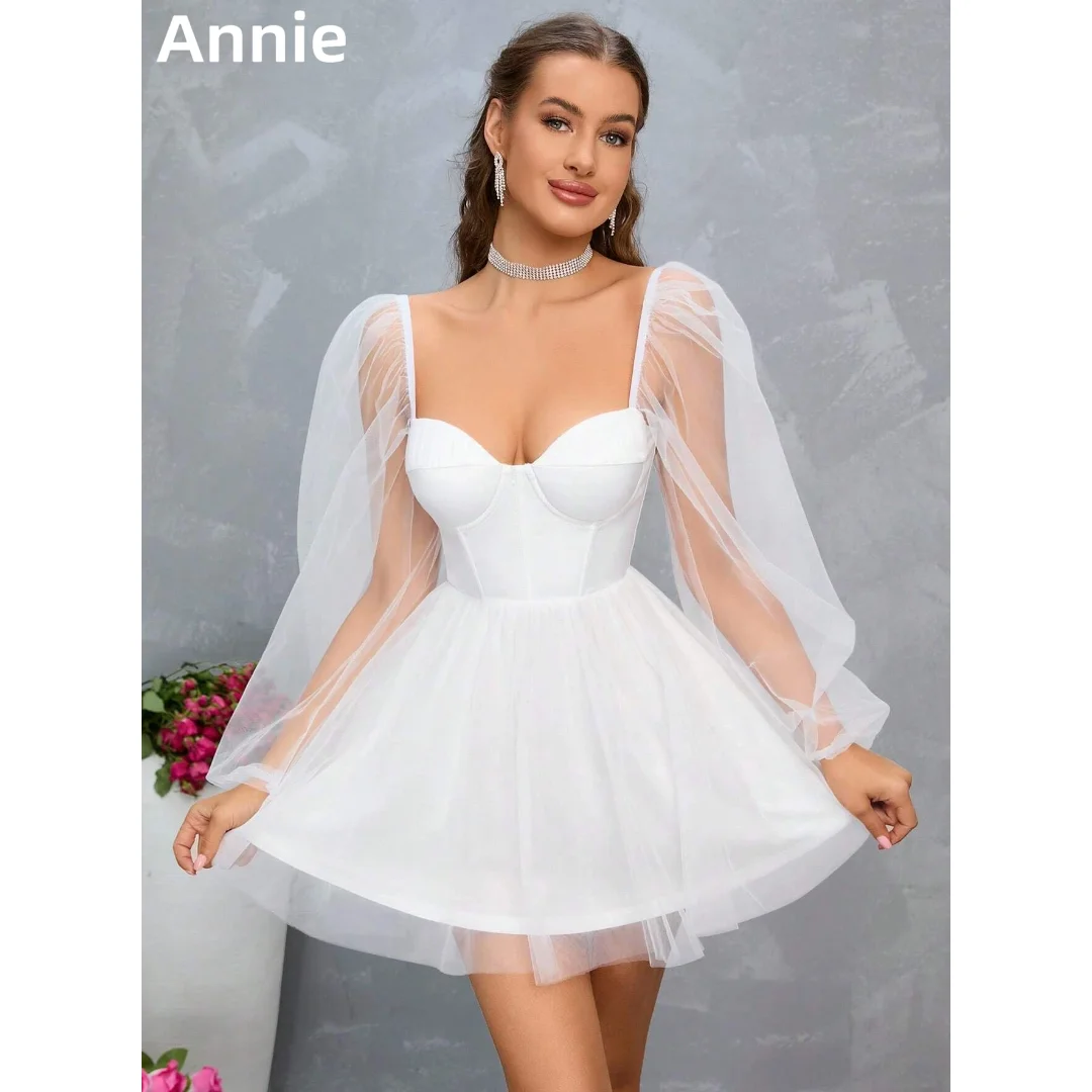 Annie White Long Sleeve Tulle Prom Dresses Strapless Mini Short Evening Dresses Formal Occasions Princess Wedding Party Dress