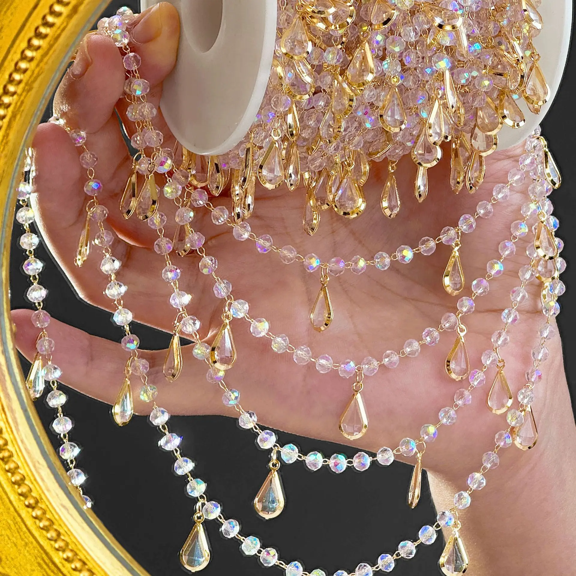 0,5/1/2M Klare Kristallweiße Wassertropfen-Quastenperlenkette DIY Halskette Kopfschmuck Schmuck Kleidung Wohnaccessoires – Detail 3