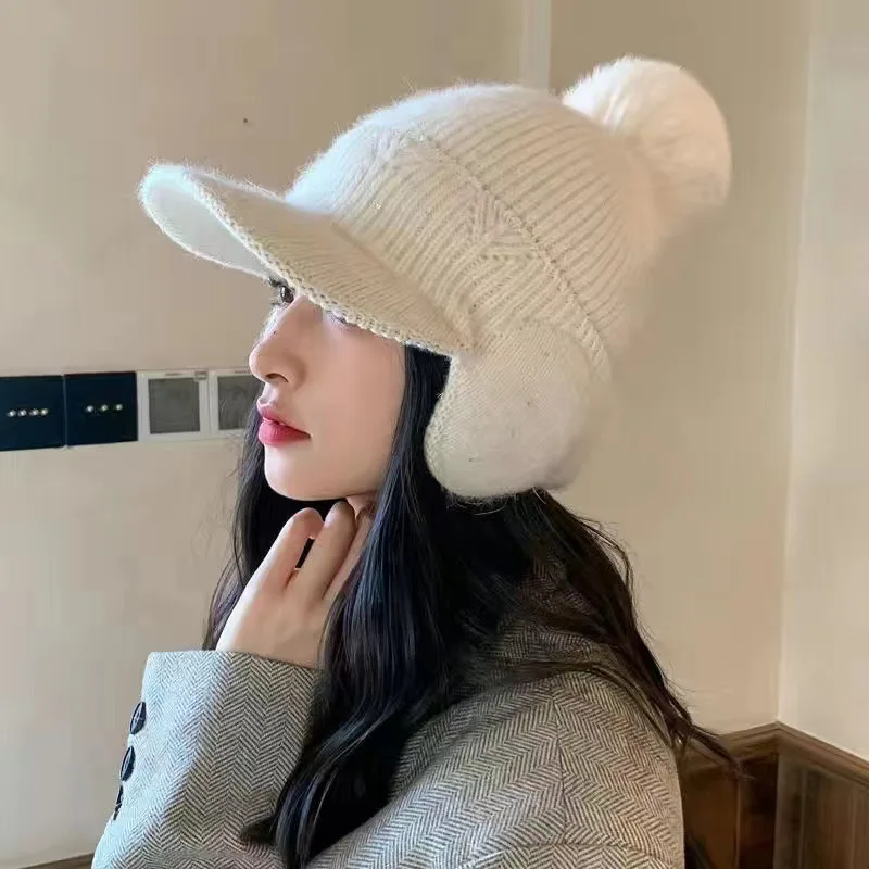 Autumn Winter Knitted Baseball Cap for Women Big Pompom Plush Warm Baseball Cap Ladies Girl Sport Riding Ear Warmer Bonnet