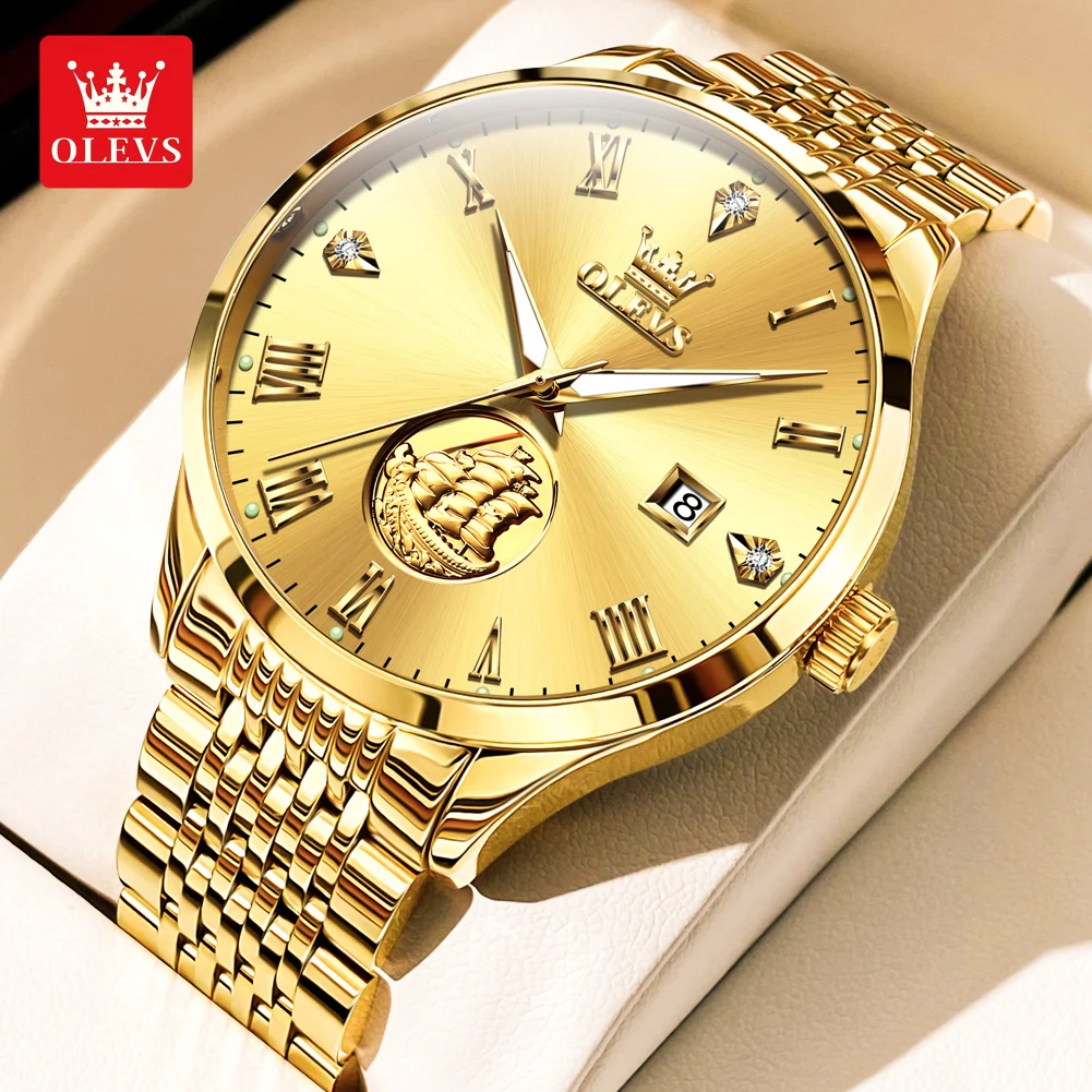 OLEVS Real Gold Sailboat Men\'s Watches Business Dress Luxury Waterproof Stainless Steel Automatic Mechanical Wrist Watch for Men