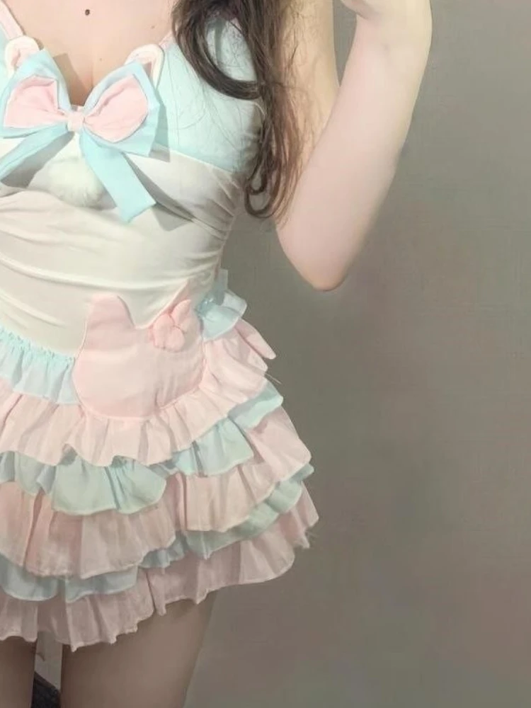 Vestidos elegantes de estilo dulce Harajuku para mujer, minivestido Y2k con bonito lazo y cuello Halter, diseño de pastel, trajes Retro de moda femenina 2025