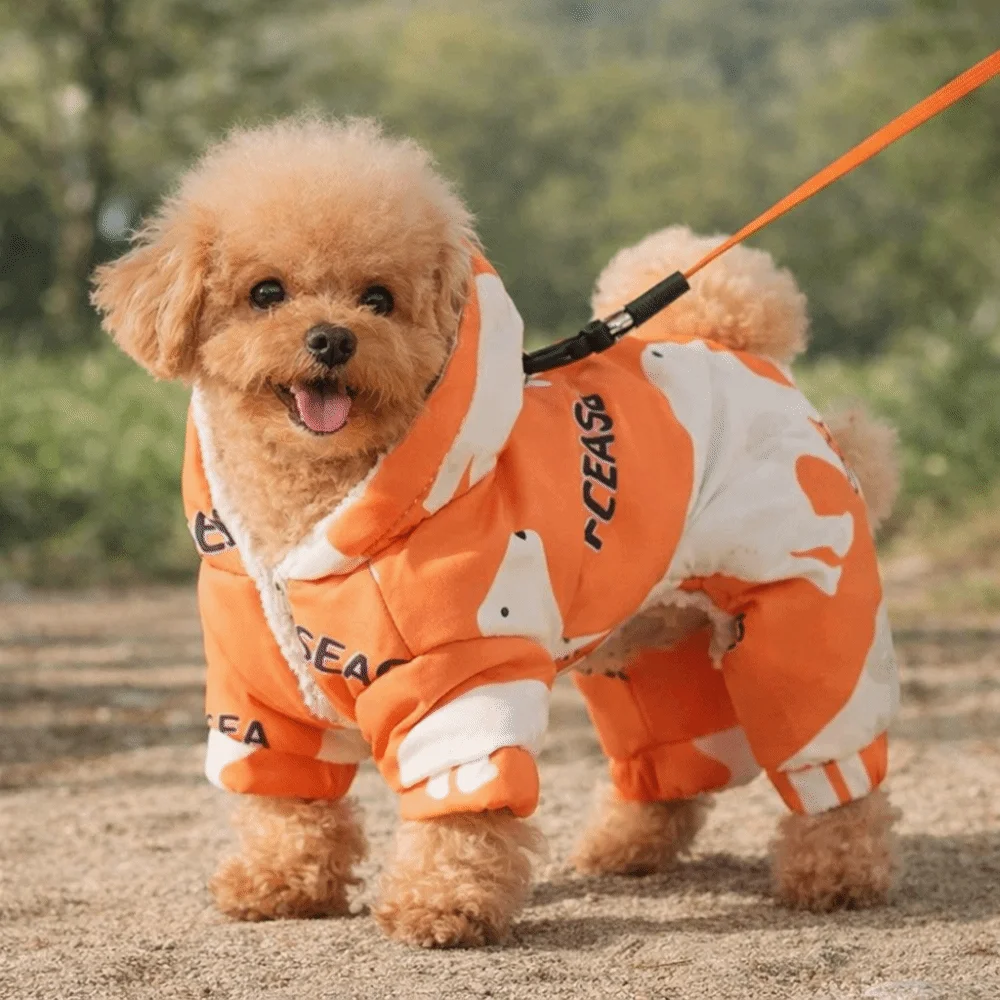 Cute Warm Dog Winter Clothes Anti-Shedding Splash-proof Four-legged Clothing Fleece Lined Cartoon Puppy Jumpsuit Daily Walk