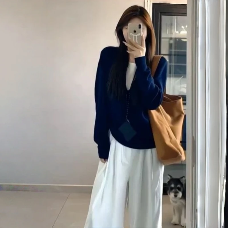 Y2K V Neck Sweater Women Fake Two Piece Long Sleeve Loose Knit Top Spring Autumn Soft Sticky