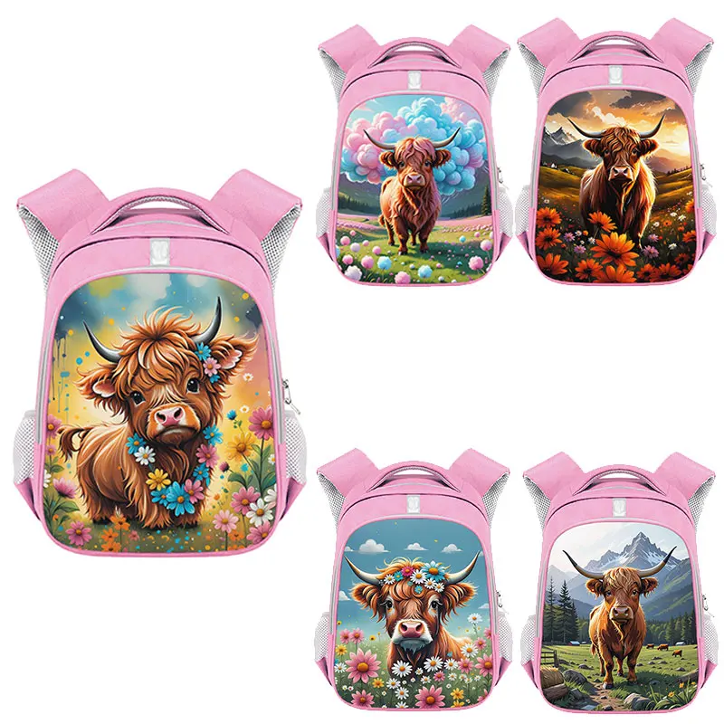 

14/16 Inch Cute Animal Highland Cow Print Backpack Student Rucksack Bookbags Teenager Reflective Stripe School Bag Daypack Gift