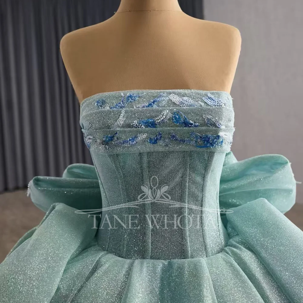

Blue Strapless Sleeveless Quinceanera Dress Lace-Up Back Glitter Sequined Bow Evening Party Dress