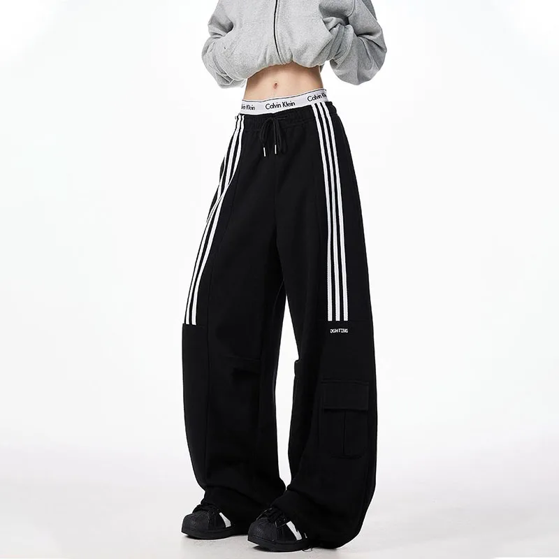 

Plus Fleece American Style Striped Casual Sweatpants Women Autumn Winter Loose Pockets Contrast Color High Street Cargo Trousers