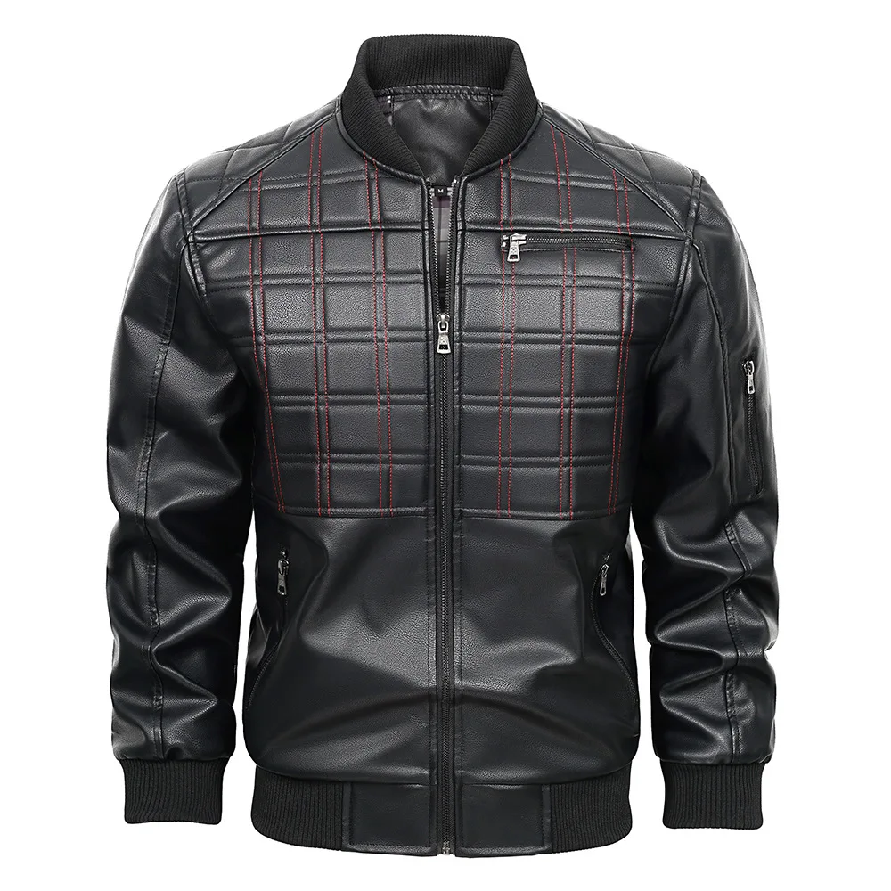 2024 New Spring and Autumn Leather Jacket Men's Casual Checkered Coat Baseball Stand up Collar Men's Leather Jacket