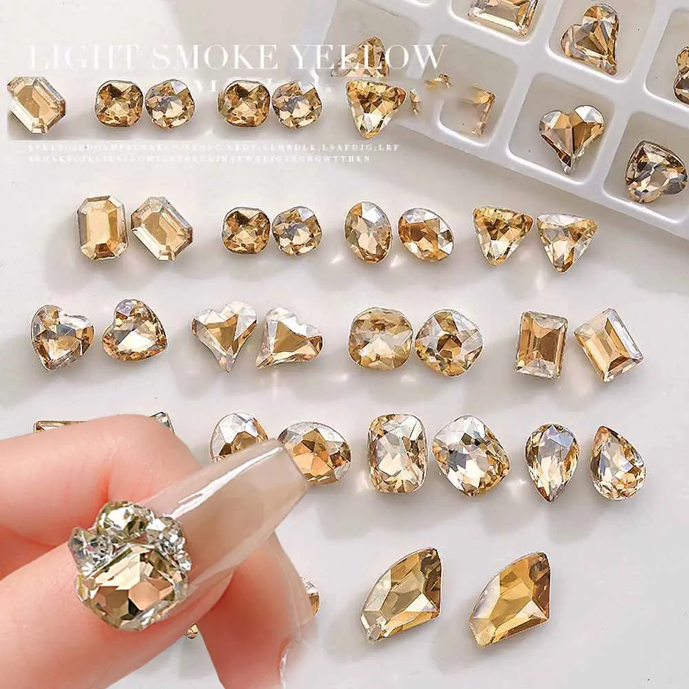 50Pcs Big Sizes Champagne Rhinestones 3D Oval/Square Round/Heart Mix Gems Stones Shiny Multi-Shapes Gems Stones Nail Charms R5@