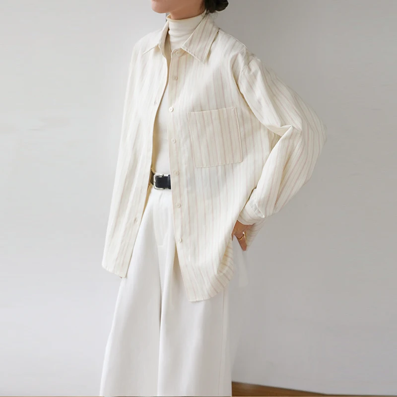 

SuperAen 2026 Spring New Korean-style Polo Collar Striped Long-sleeved Shirts for Women Unique Elegant Single Breasted Shirts