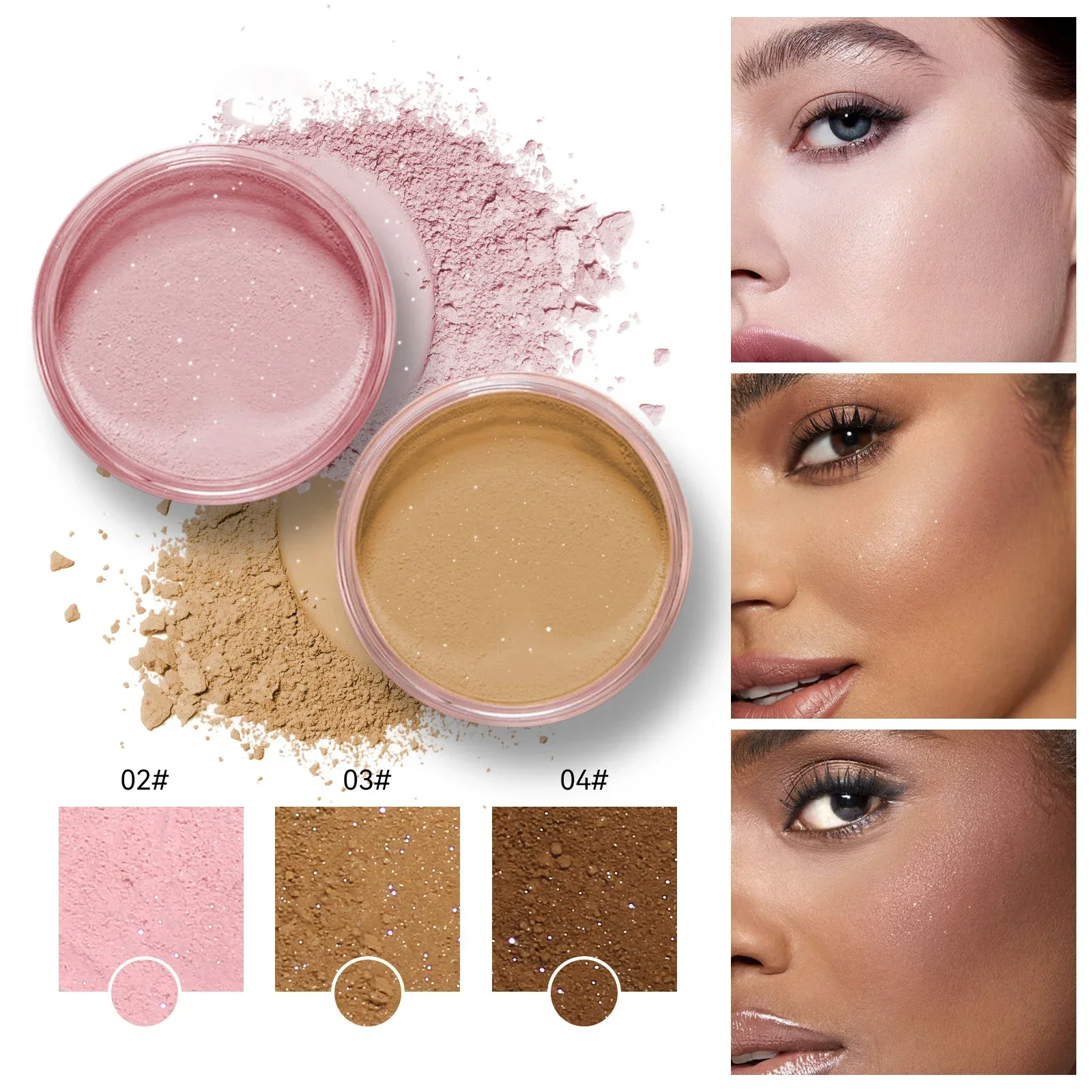 Pink Glitter Setting Powder 4 Color Long Lasting Oil Control Pearlescent Natural Face Matte Shimmer Loose Powder Makeup Cosmetic