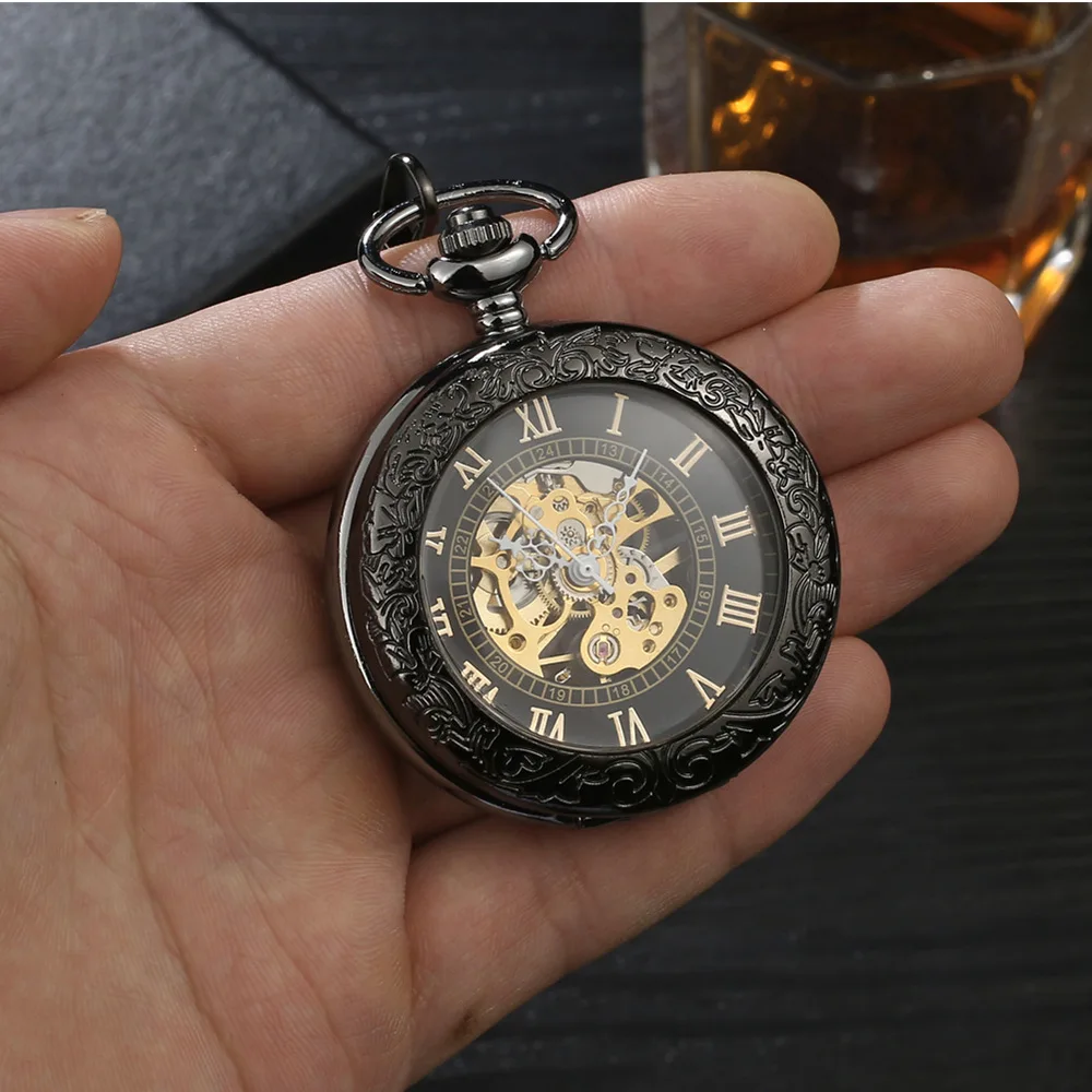 Vintage Steampunk Mechanical Men Pocket Watch for Wedding Gift Black Transparent Dial Class Fob Watch Necklace Pendant Clocks