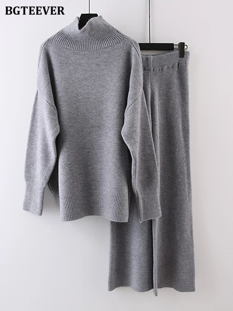 BGTEEVER Autumn Winter Warm Turtleneck Women Knitted Trousers Suits Long Sleeve Sweaters & Elastic Waist Wide Leg Pants