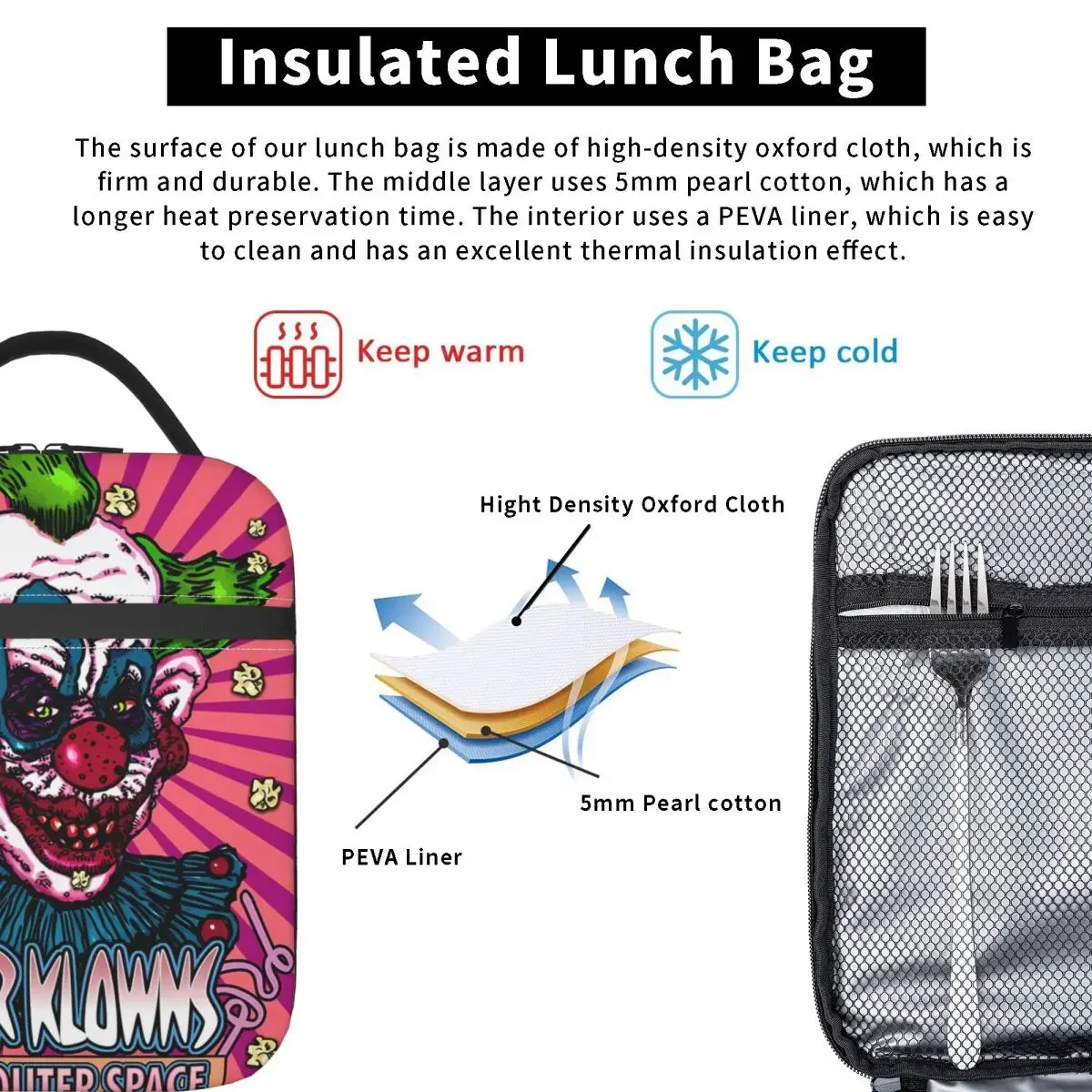 Killer Klowns From Outer Space Merch Lunch Bag For Student Film Lunch Box Picnic Portable Tote Food Bags Designer Cooler Bag