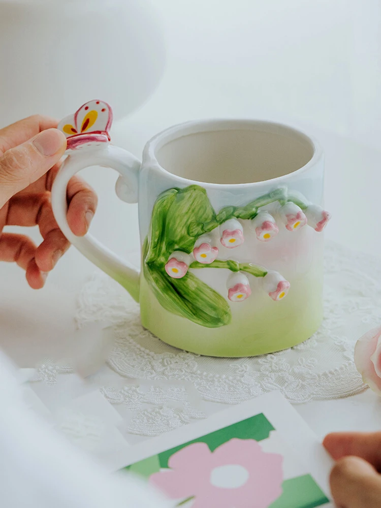 AhunderjIaz-Tulip Ceramic Mug, Handmade Floral Relief Design, Creative Rose Mug, Kitchen Drinkware Set, Home Decoration
