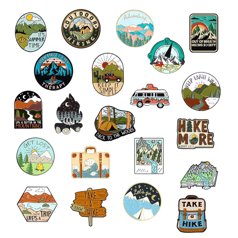 Outdoor Hiking Camping Theme Brooch Set Mountain Adventure Scenic Accessories Versatile Bag Clothing Decorative Badge