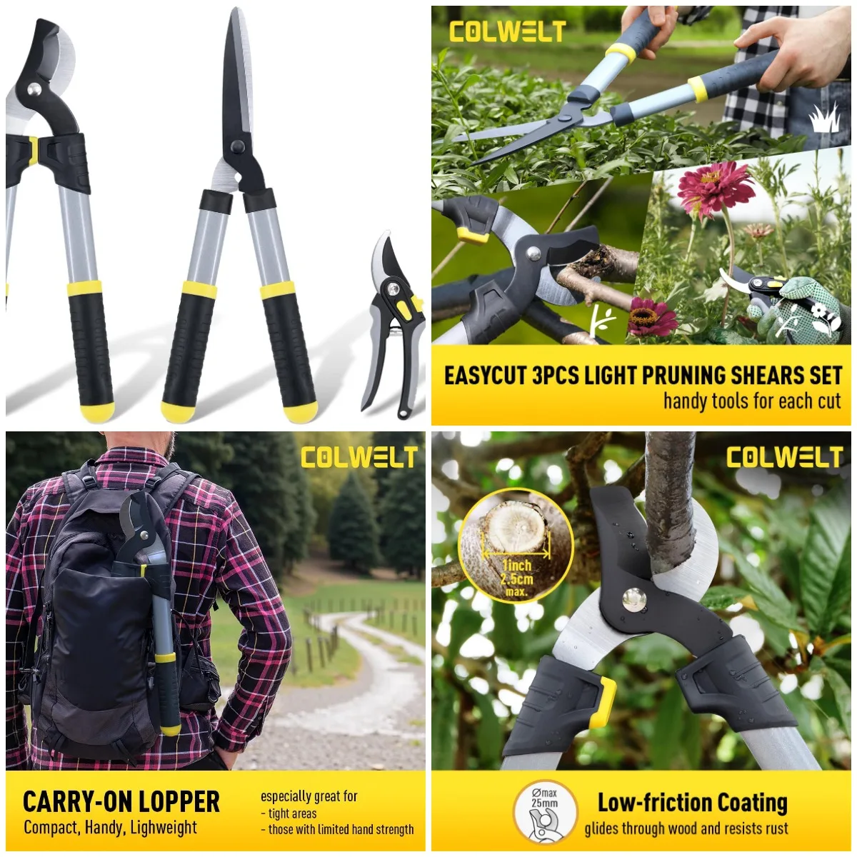 

3Pcs Garden Loppers Set with 17' Bypass Pruners & Hedge Shears, Soft Grip Tree Shrub Care Kit