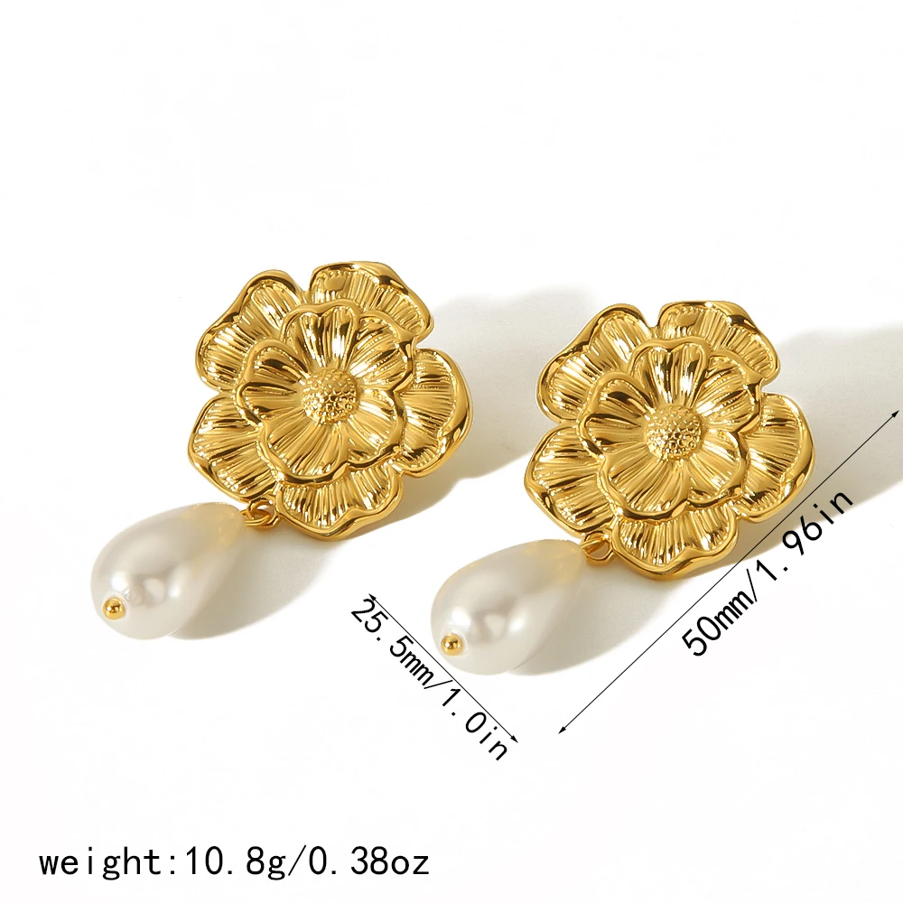 Fashion Women Elegant Statement Metal Textured Pearl Flower Dangling Earrings 18K Gold Plated Stainless Steel Stud Earrings