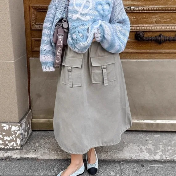 

Pure Cotton Autum Women's Skirt High Waist Big Pockets Patchwork Lady's A-Line Long Skirt Instagram-Style Chic Skirt For Female