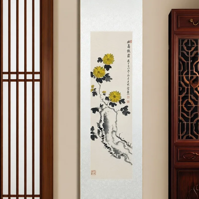 Hand‑Painted Chinese Ink Scroll Wall Art, Chrysanthemum Flower‑Bird Oriental Painting Interior Decoration, Collectible Art Gift
