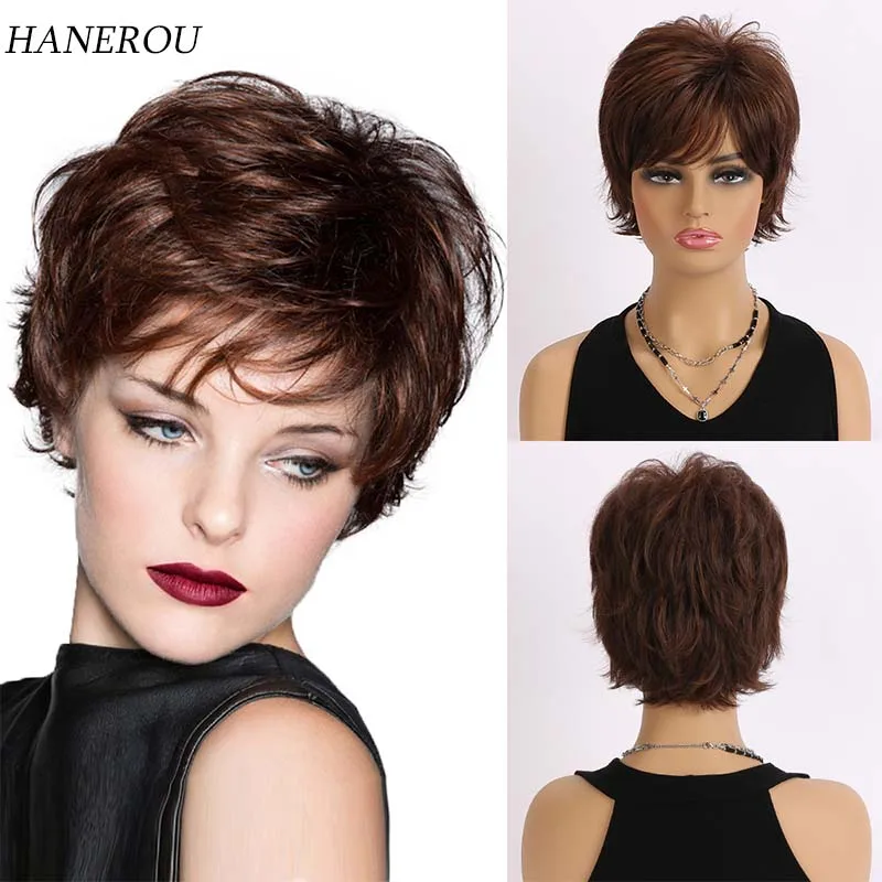 

Synthetic Hair Short Curly Wigs for Women Dark Brown Wig with Bangs Realistic Looking Daily Party Use for Mommy Wig