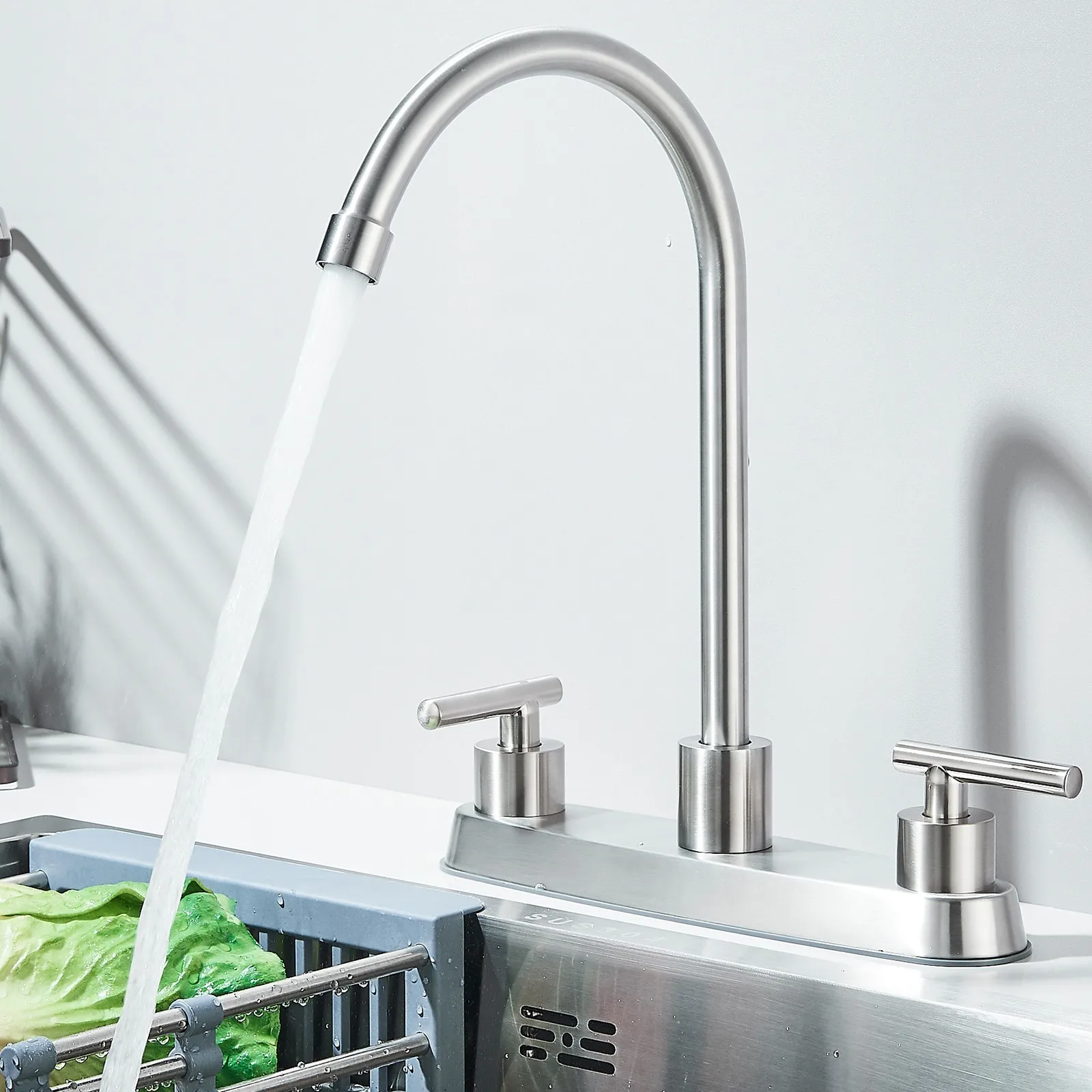 

Brushed Nickel 8 inch Centerset Kitchen Faucet 3 Hole 2 Handle Swivel Sink Mixer