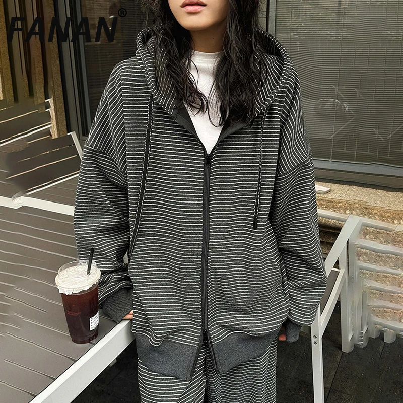 

FANAN дизайн с капюшоном на шнурке для женщин полосатые пальто контрастного цвета повседневная женская верхняя одежда 2026, весенняя новая мода