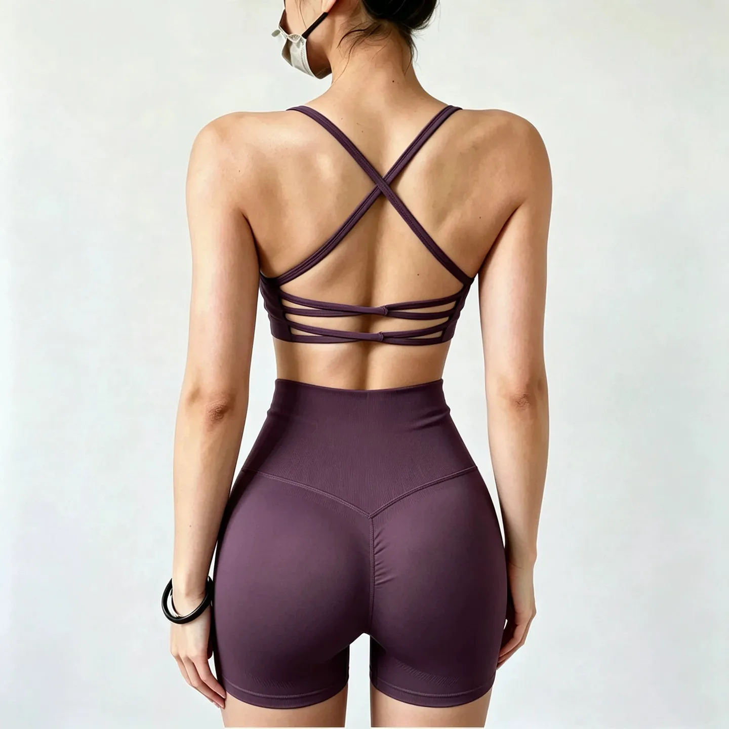 Women 2Pcs Workout Yoga Set Criss Cross Strappy Backless Sports Bra High Waist Butt Lifter Biker Shorts Gym Fitness Running Set