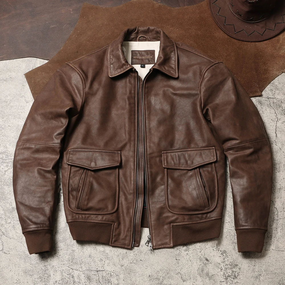 خياط براندو خمر الذين تتراوح أعمارهم بين A2 سترة جلدية مزيتة الجلد المدبوغ جلد البقر سترة جلدية الغربية الرجال والنساء سترة جلدية حقيقية #1