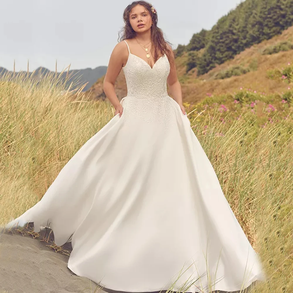 Vestido de novia de satén con tirantes finos, traje de novia con escote en V y espalda abierta, longitud hasta el suelo