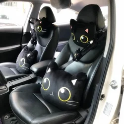 Cute Cat Car Neck Pillow Cartoon Cat Head Car Headrest Travel  Cushion  Cat Seatbelt Shoulder Pads Covers Rearview Mirror Cover