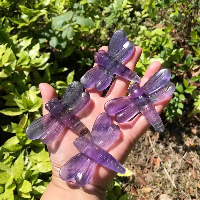 

8.3CM Natural Purple Fluorite Dragonfly Statue Hand-carved Figurine Animal Home Decoration And Stones Healing Gift 1pcs