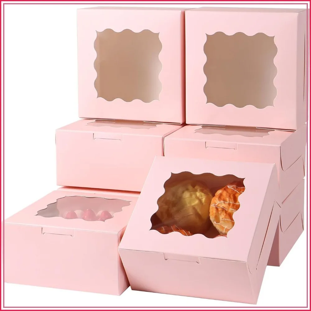 100 Cajas Pequeñas para Pastel de 6x6x3 Pulgadas con Ventana, Cajas para Pastelería, Galletas, Mini Contenedores para Tartas, Postres, Fresas, Chocolates, Cupcakes con Pegatinas de Papel