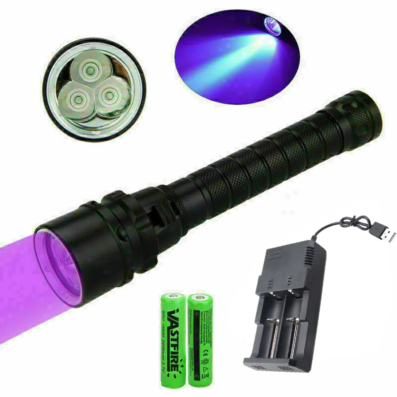 Powerful LED Diving Flashlight UV/White Light Waterproof Underwater 100 Meter Torch Flashlight Powered by 18650 Battery