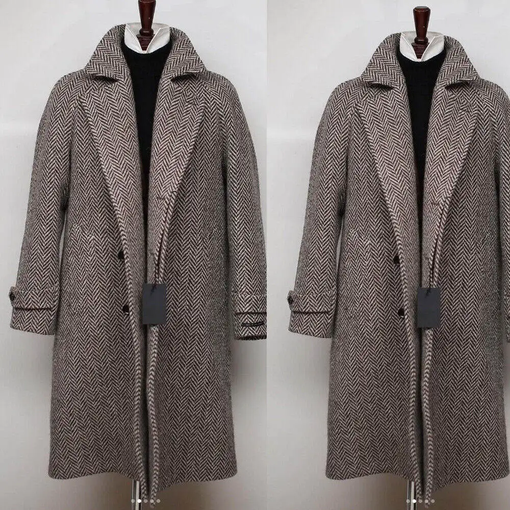 Classic Men Long Coat Herringbone Wool Blends Notched Lapel Trench Coats Single Breasted Warm Business Blazers Customized