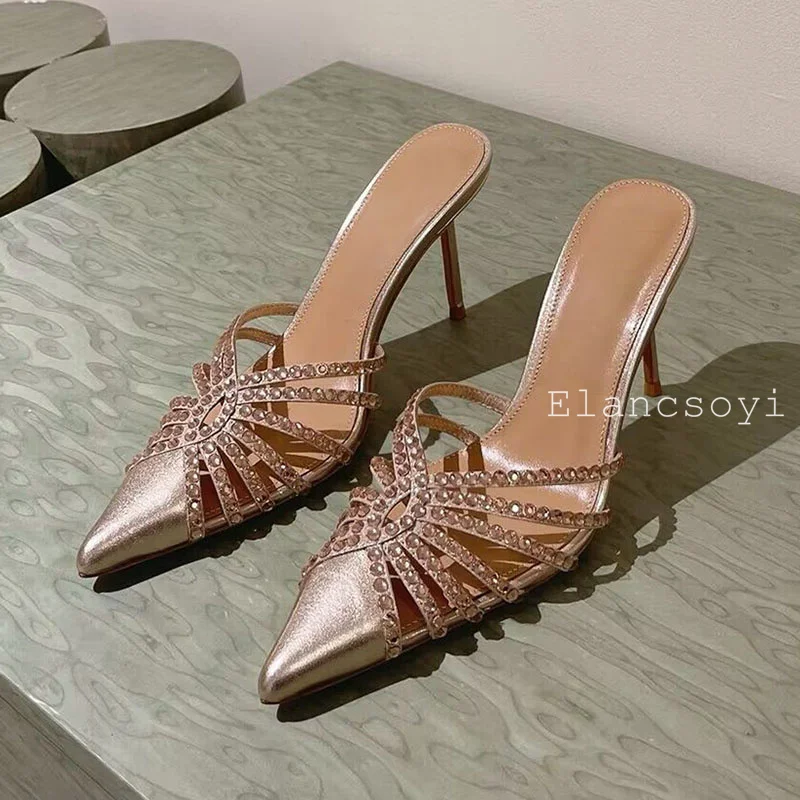 Sommer spitzen Zehen bling Kristall aushöhlen Hausschuhe Frauen glänzenden Strass Satin Seide dünne High Heel sexy Party Kleid Schuhe