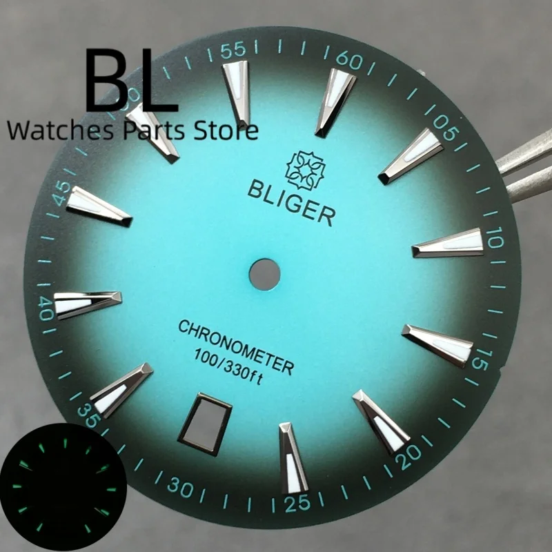 BLIGER 33.2 مللي متر ساعة الطلب 6o'clockSunburst التدرج الأسود المحيط الأزرق الأحمر الهاتفي مضيئة مناسبة ل NH35 ساعة يد تعمل بالحركة ملحق